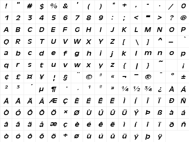 Holland-Extended Italic  glyph index