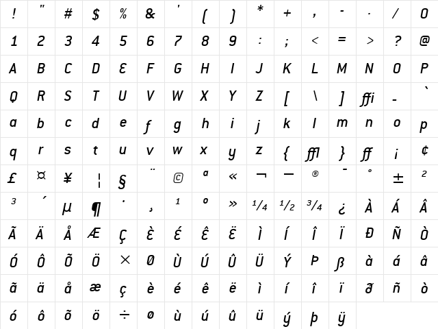 ConduitMdITC TT MediumItalic  glyph index