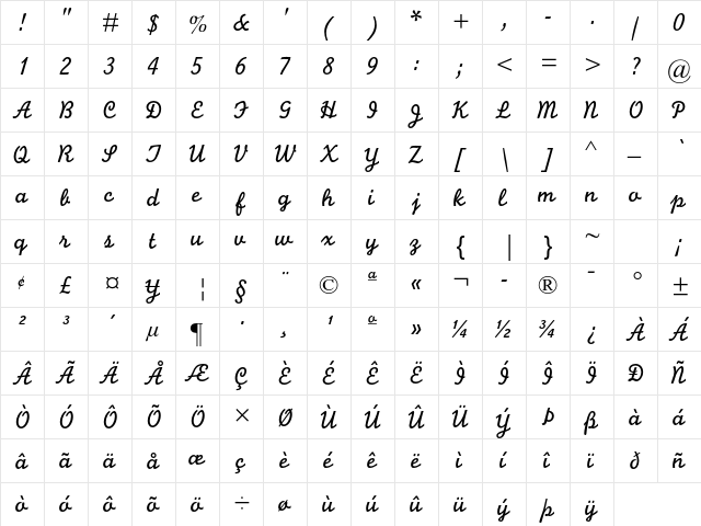 Monoline Script MT Std Regular  glyph index