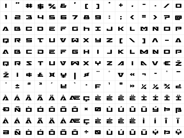 Trans-America Expanded Expanded  glyph index