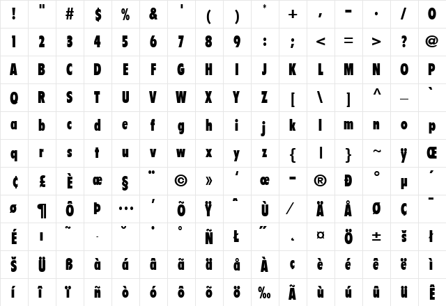 Flyer-ExtraBlackCondensed Regular  glyph index
