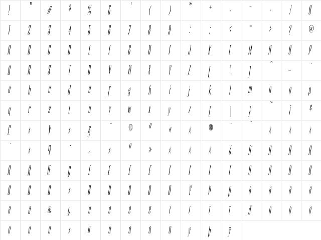 BureauEmpireItalic Regular  glyph index