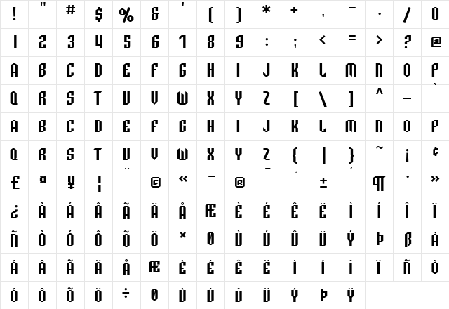 SF Archery Black SC Regular  glyph index