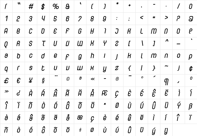 Curvature-BoldItalic Regular  glyph index