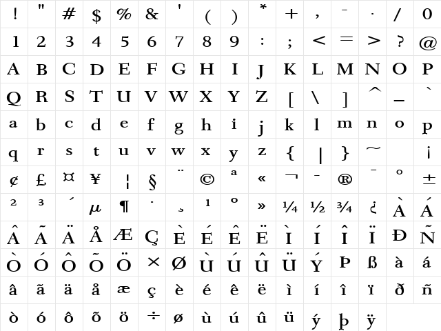 Transit Wide Bold  glyph index