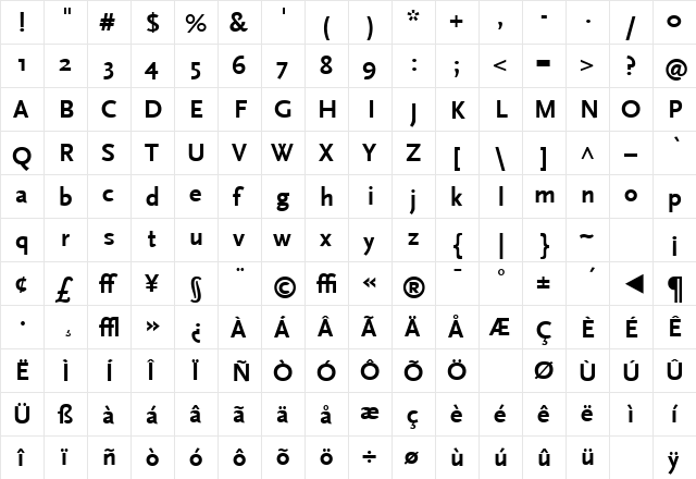 ScalaSans-Bold Regular  glyph index