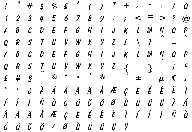 OPTIBalloon Bold  glyph index