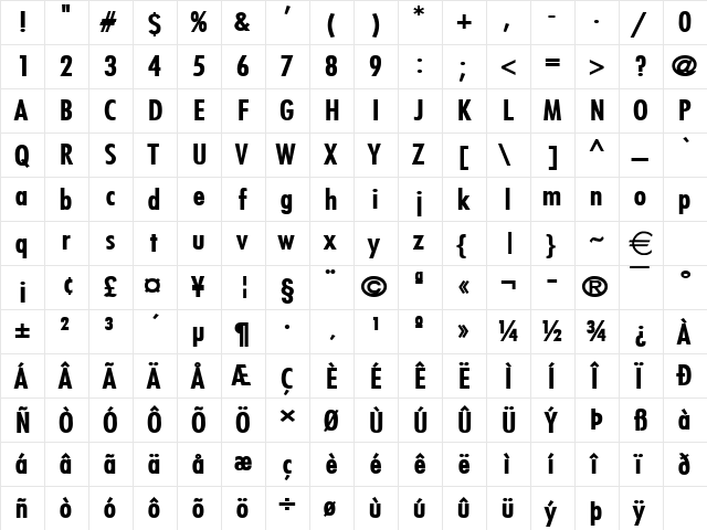 FujiWide Bold  glyph index