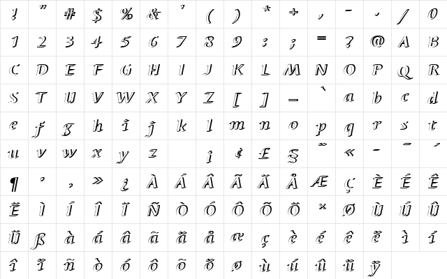 BarbedorTBolItaRe1 Regular  glyph index