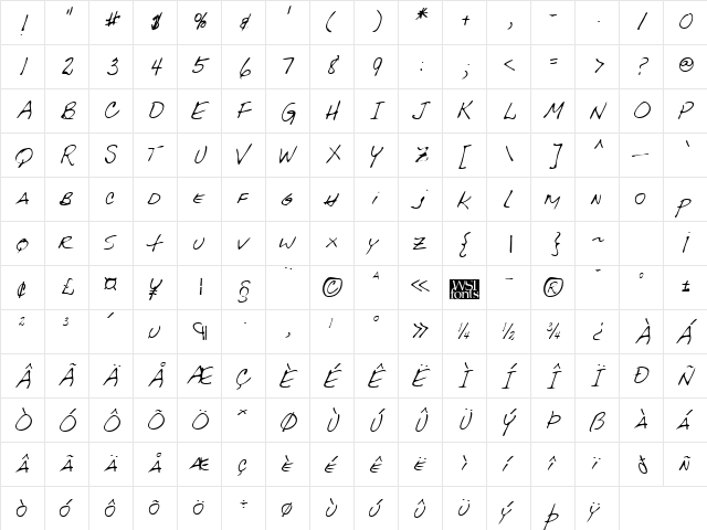 EwingsHand Regular  glyph index