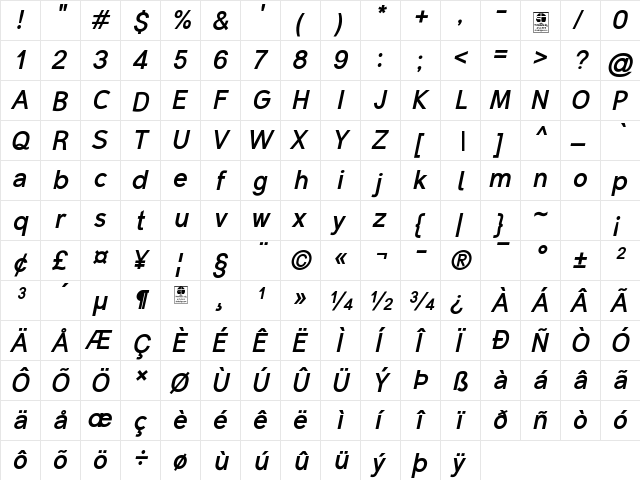 Malter Sans Bold Italic demo Regular  glyph index