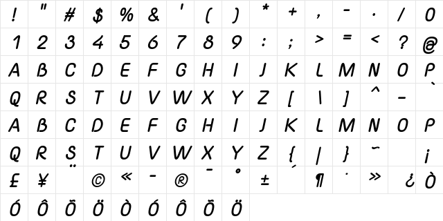 Yaahowu Thick Italic Italic  glyph index