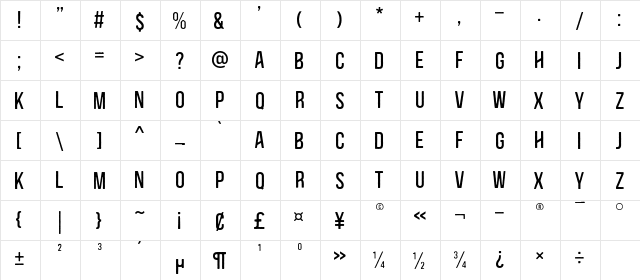 Blackside Regular  glyph index