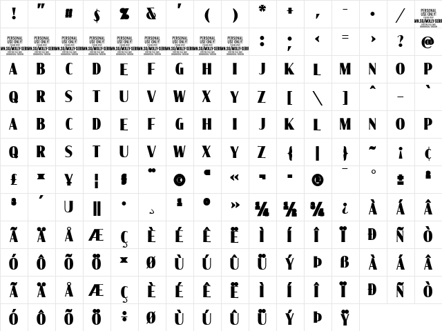 Molly Serif XC PERSONAL Black  glyph index