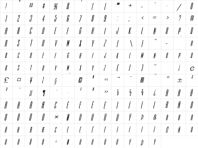 Slim-Jim-Extended Bold Italic  glyph index