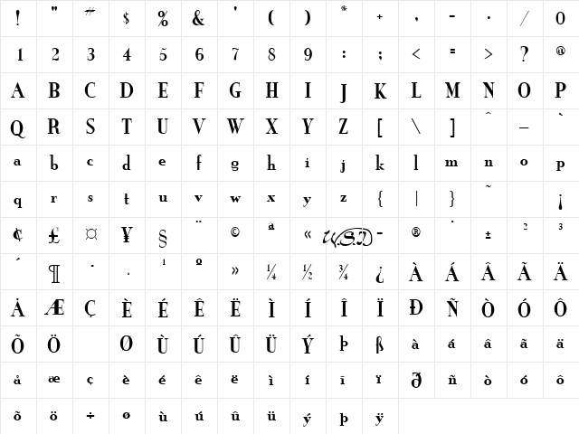 Grail-New Condensed Regular  glyph index