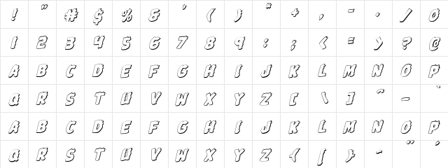 Johnny Torch 3D Rotalic Italic  glyph index