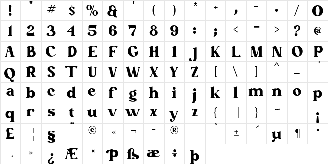 Betofin free for personal use Regular  glyph index