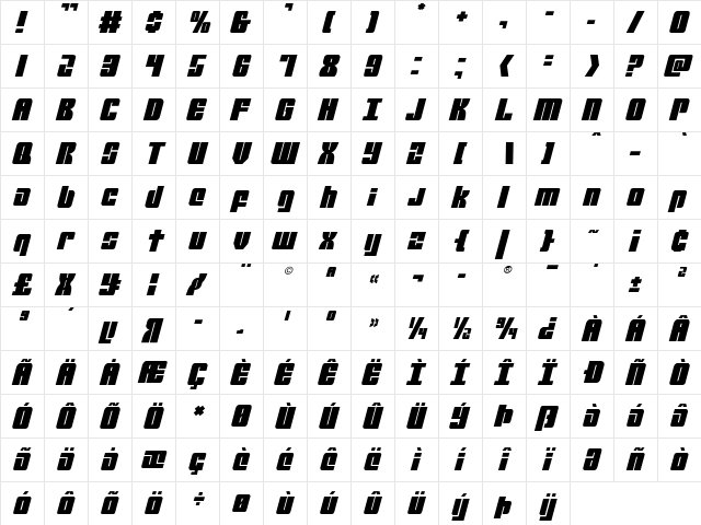 Mobile Infantry Italic Italic  glyph index