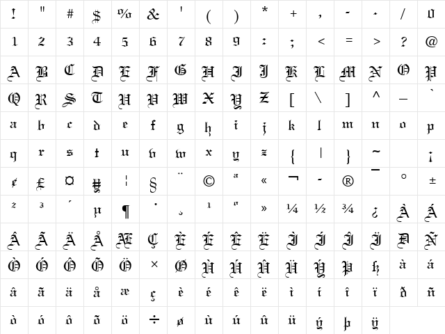 Oldtext Bold  glyph index