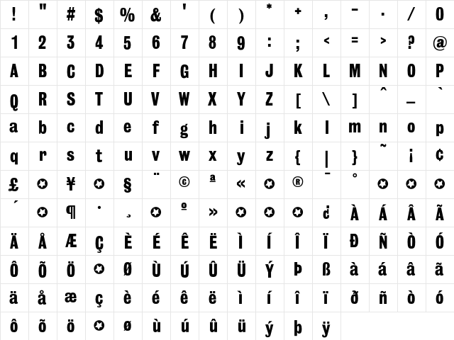 Bureau GrotThreeSeven  glyph index