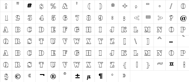 a_SignboardTitulOtl Regular  glyph index