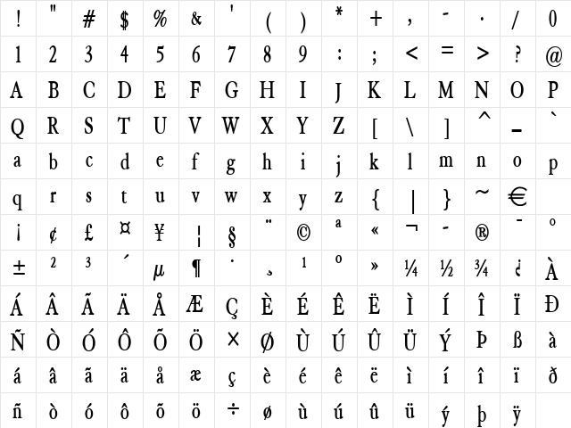 ElephantCondensed Bold  glyph index
