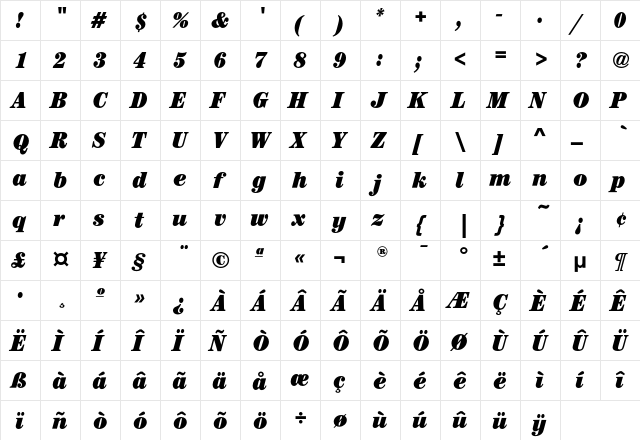 CenturyEF-UltraCondItalic Regular  glyph index
