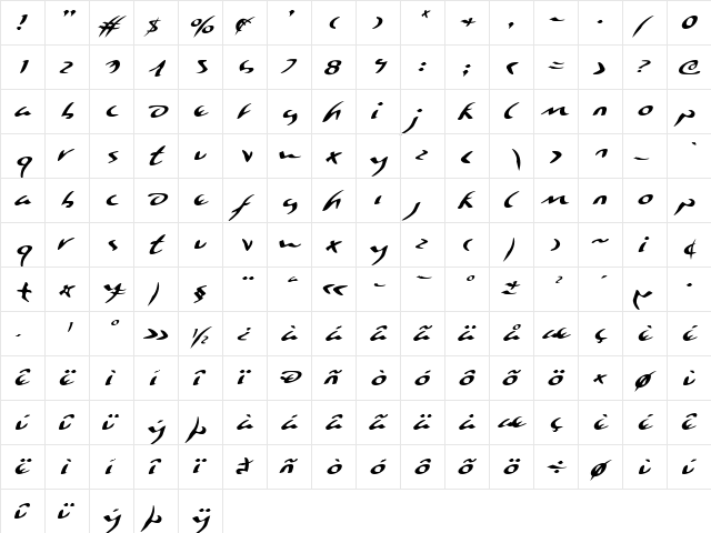Eagleclaw Expanded Italic Expanded Italic  glyph index