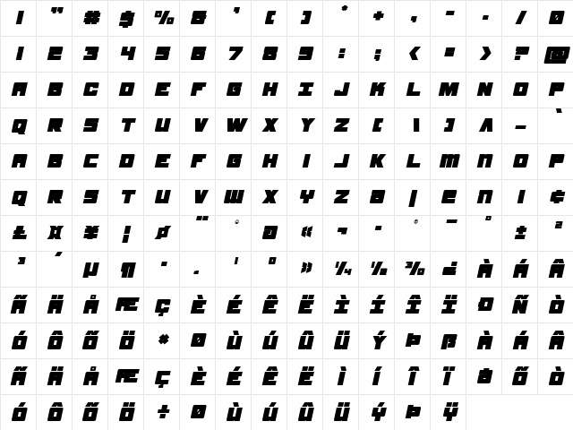 Samurai Terrapin Title Italic Italic  glyph index