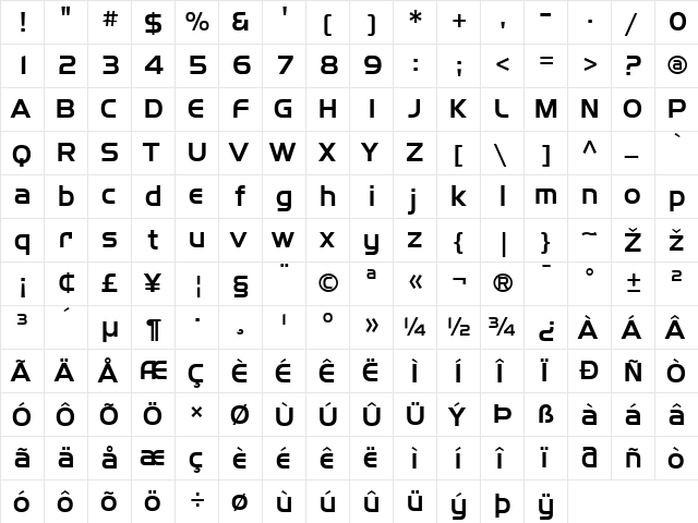 SF Fourche Regular  glyph index