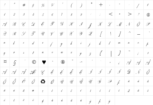 CopperplateScript Regular  glyph index