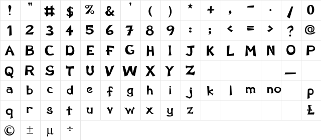 Kinders Regular  glyph index
