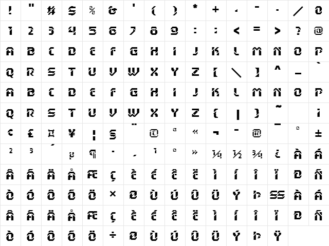 Dex Gothic Becker Regular  glyph index