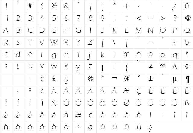 ErgoLight Regular  glyph index