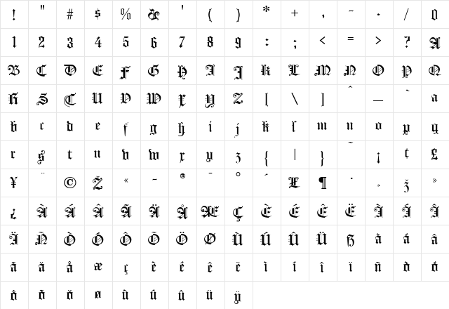 Konigsburg Regular  glyph index