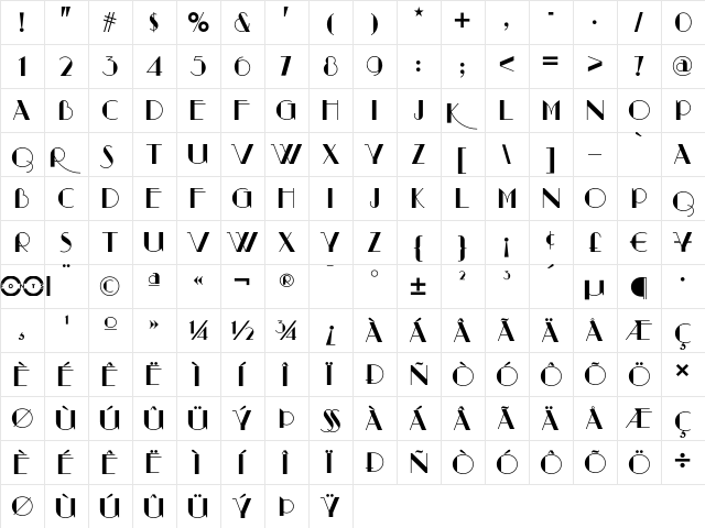 Raconteur NF Regular  glyph index