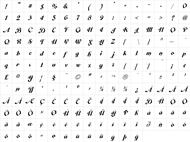 Cabarga CursivaICGSolidAlt  glyph index