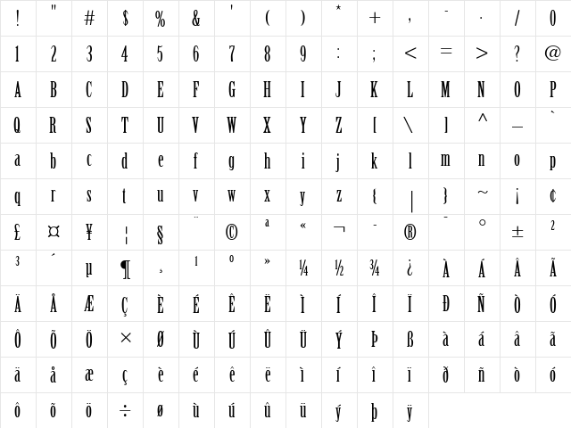 Birch Regular  glyph index