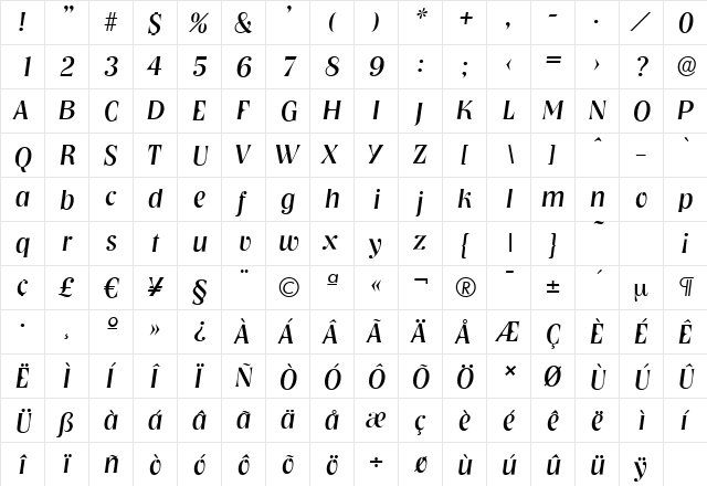 NashvilleSerial Italic  glyph index