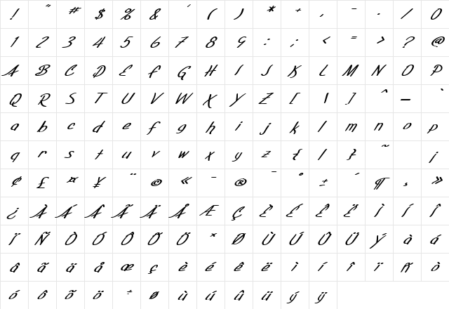 SF Foxboro Script Extended Bold Italic  glyph index