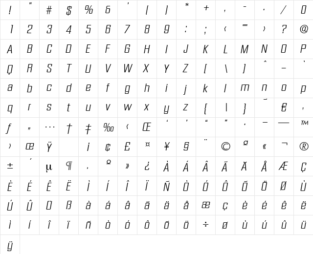 Diamante-LightIta Regular  glyph index