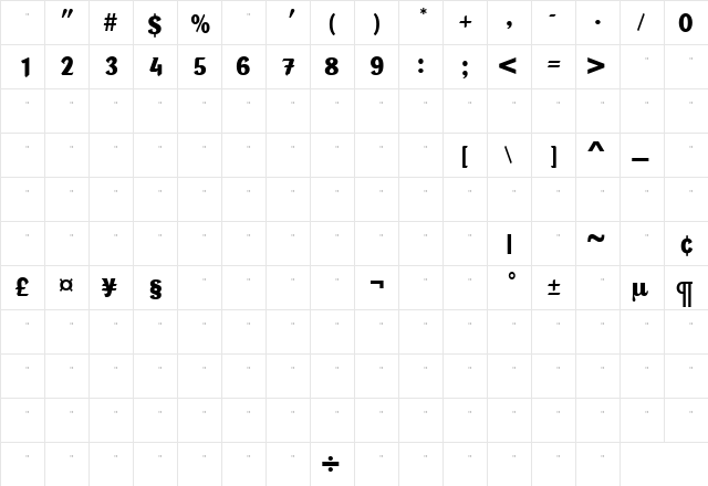 PortobelloBoldTab Roman  glyph index