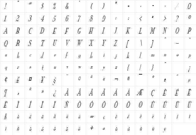 New Eng. Engr. Condensed Italic  glyph index