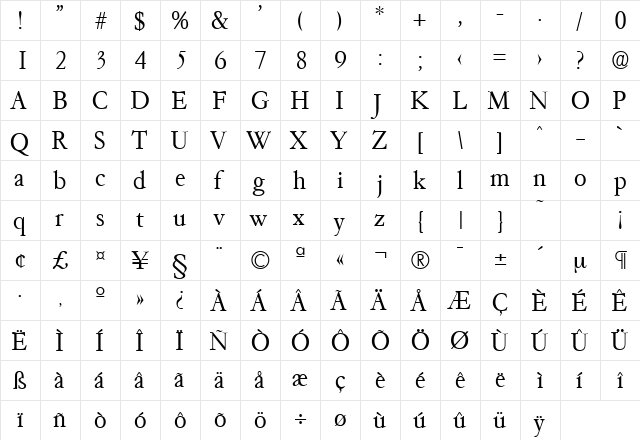 Garamond-Serial-Light Regular  glyph index