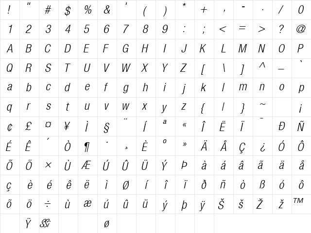 ContextRepriseLightCondSSK BoldItalic  glyph index