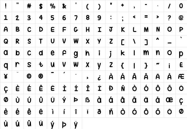 Hug Me Tight Regular  glyph index