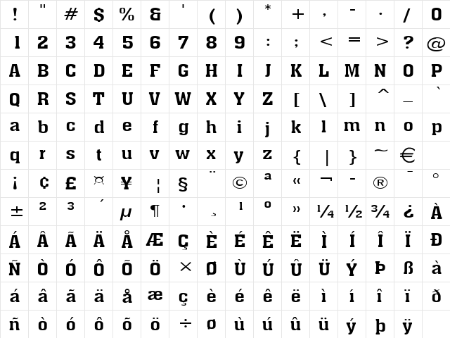 AcheWide Normal  glyph index