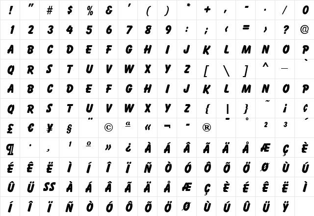 ElizabethBecker Regular  glyph index