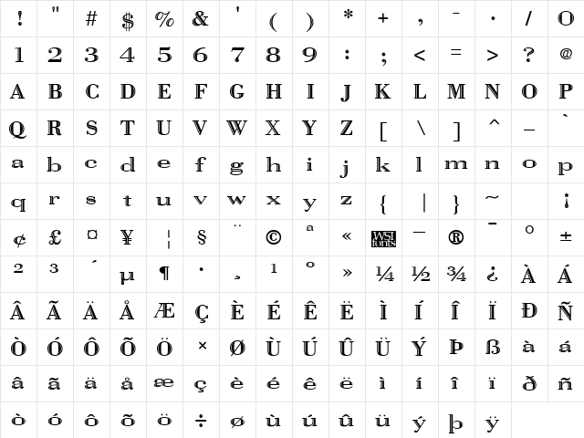 Vangard Regular  glyph index